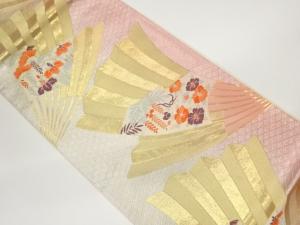 扇に草花模様織出し袋帯